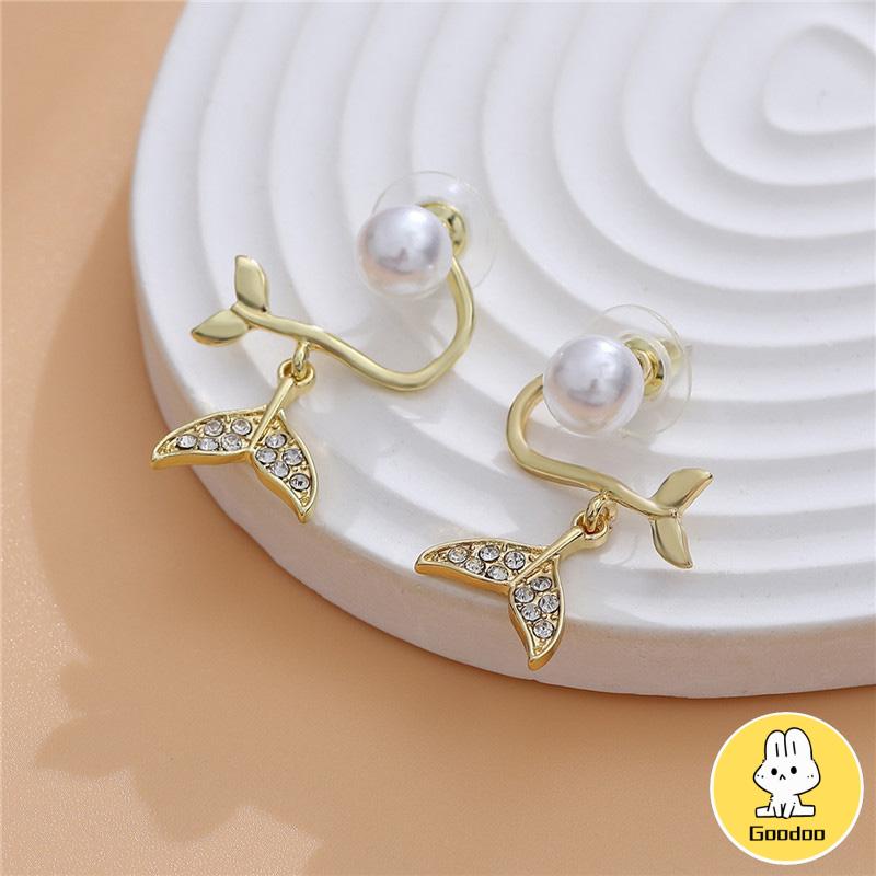 Pearl Fishtail Back Hanging Earrings Wanita High-end Cahaya Mewah Penuh Berlian Anting Geometris -Doo