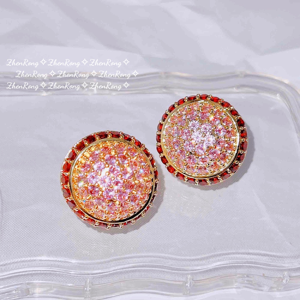 Goldkingdom Perhiasan Fashion Emas Asli Kadar 375 Bangkok Aksesoris Ready Stock Vintage Gaya Istana Prancis Berlian Merah Muda Terang Putaran Hemisphere Berlebihan Anting Pejantan Besar