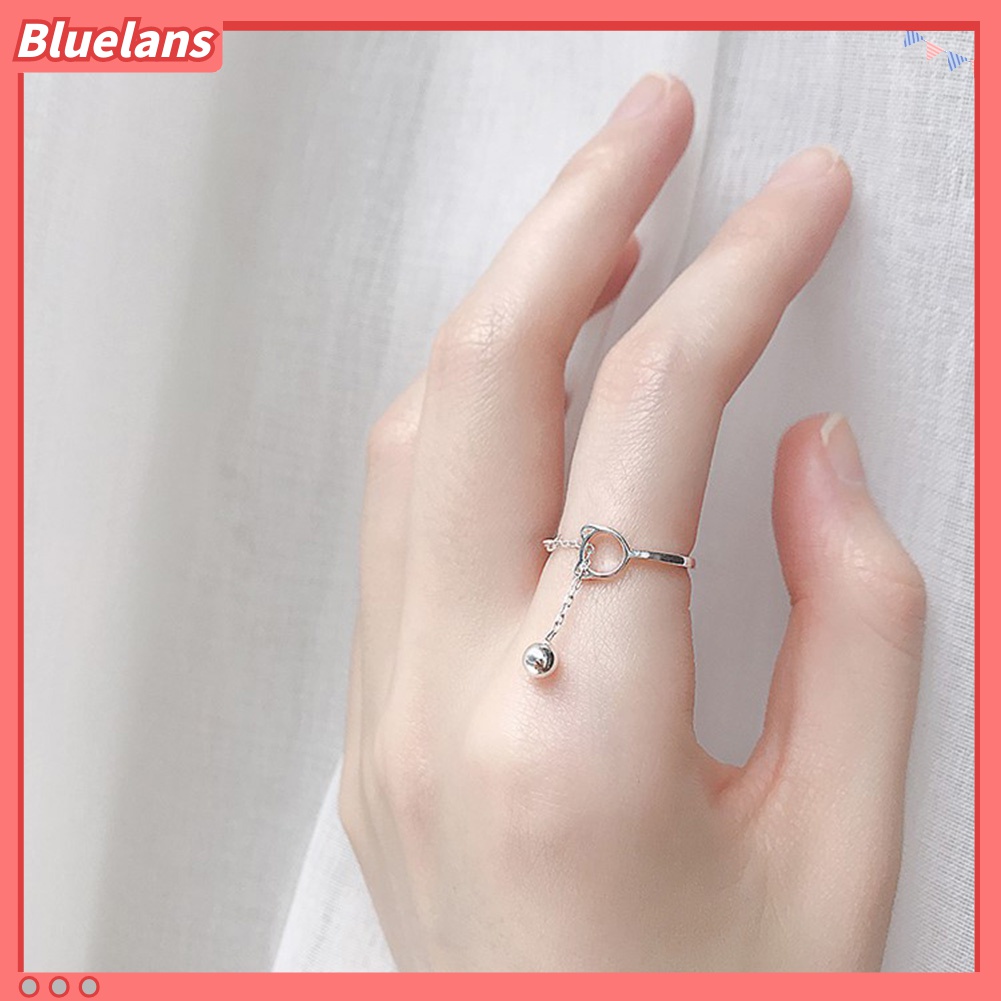 Bluelans Cincin Model Terbuka Desain Hewan Kucing Hollow Dengan Rantai Lonceng Untuk Wanita