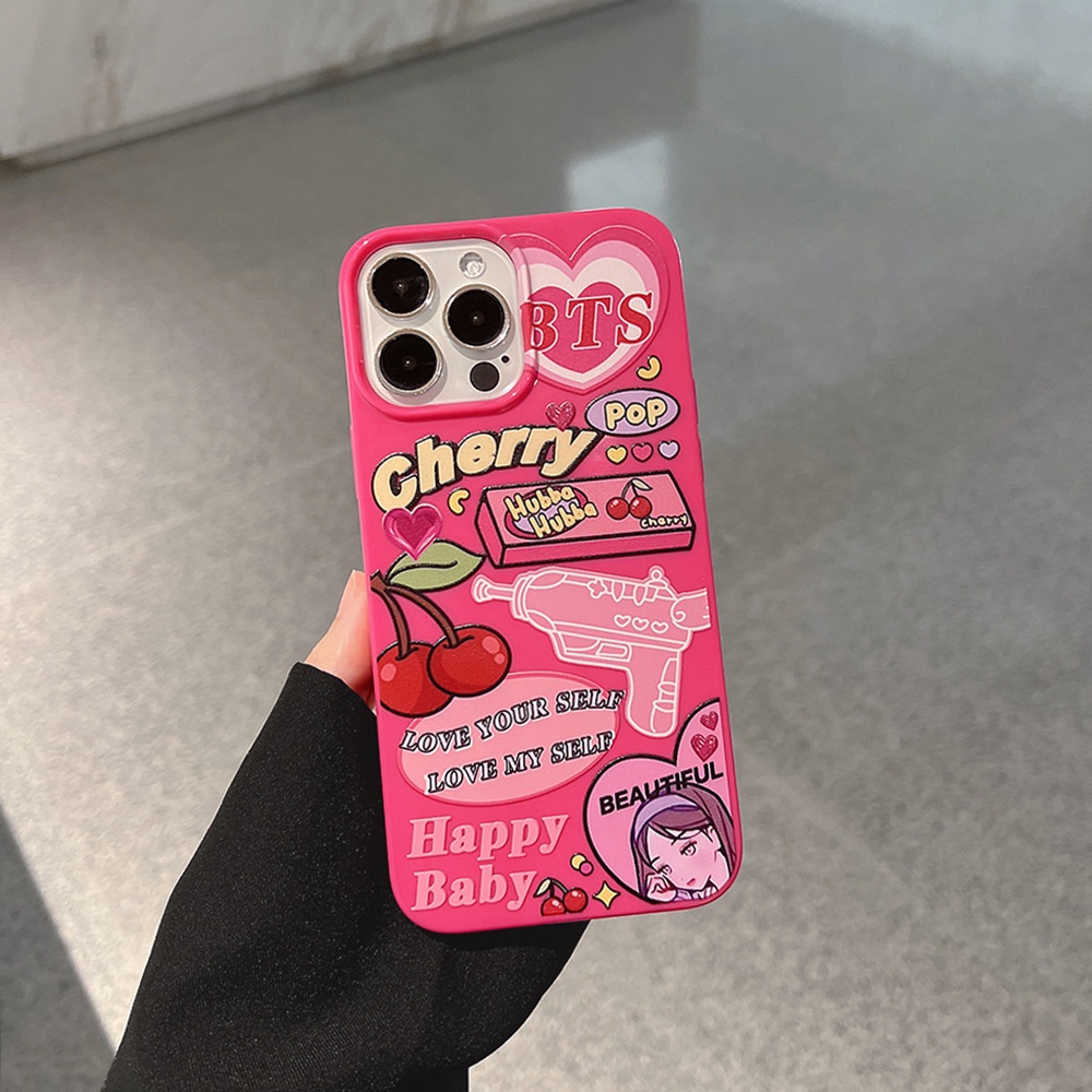 Case Pelindung Bahan Silikon Motif Graffiti Cherry Pink Untuk Iphone 14 7 8 SE2020 7 + 8PLUS XS XR 11 12 13 PRO MAX