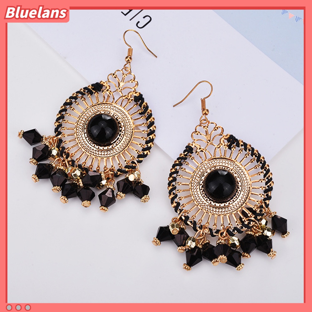 Bluelans Anting Kait Gantung Wanita Desain Rumbai Manik Bulat Gaya Bohemia Retro