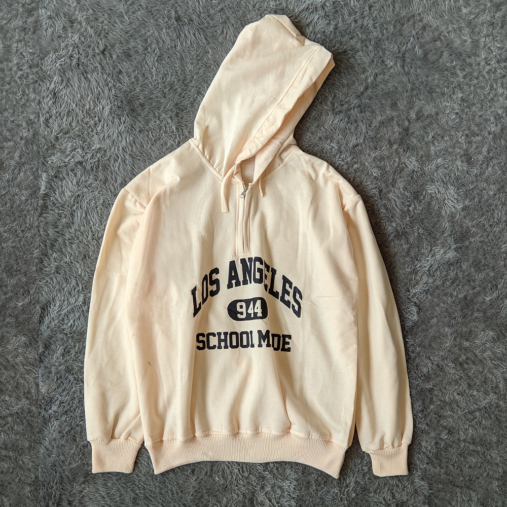 Sweater Hoodie Half Zipper Los Angeles - Hodie Wanita Dan Pria Oversize - Bahan Fleece - Size L - XL - XXL Terlaris