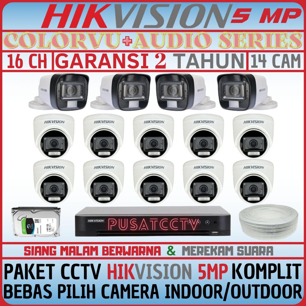 PAKET CCTV HIKVISION 5MP 16 CHANNEL 14 CAMERA TURBO HD KOMPLIT SIANG MALAM BERWARNA DAN REKAM SUARA