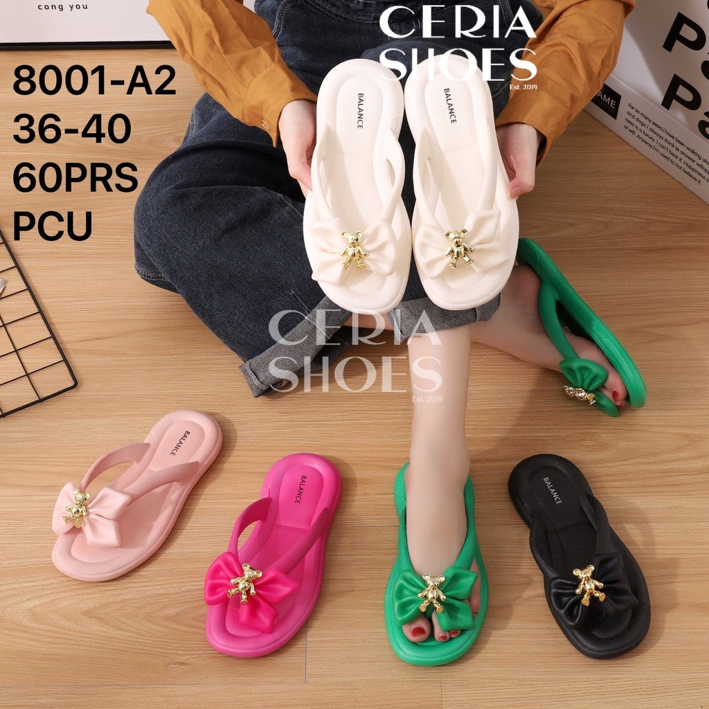 BALANCE Sandal Jepit Wanita Import Karet PVC Jelly Elastis Empuk Sol Tebal Anti Slip Motif Gold Bear 8001-A2