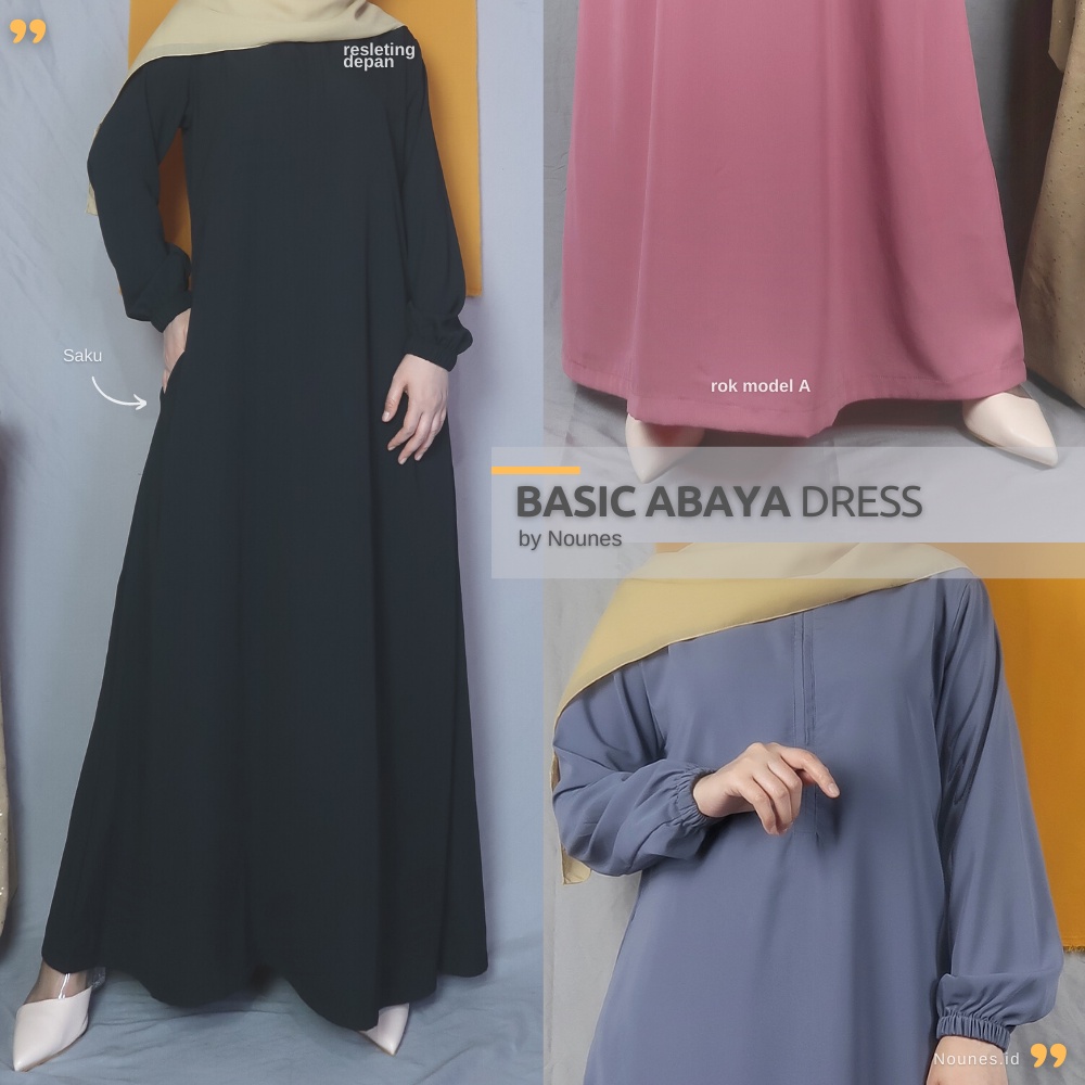 Nounes Basic Abaya Dress Gamis Daily Polos Syari Wanita Muslim Lengan Panjang Saku Kanan Busui Friendly Plain Sleve Inner Wolfis Woolpeach Grade A Warna Black Pink Navy Hijau Maxi Simple Size S M L XL Jumbo XXL LD 92 98 104 110 120-1