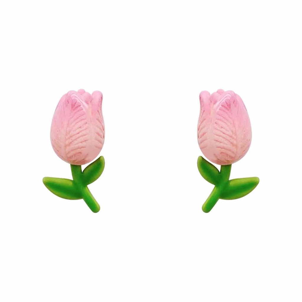 Anting Stud Desain Bunga Tulip Warna Pink Untuk Wanita