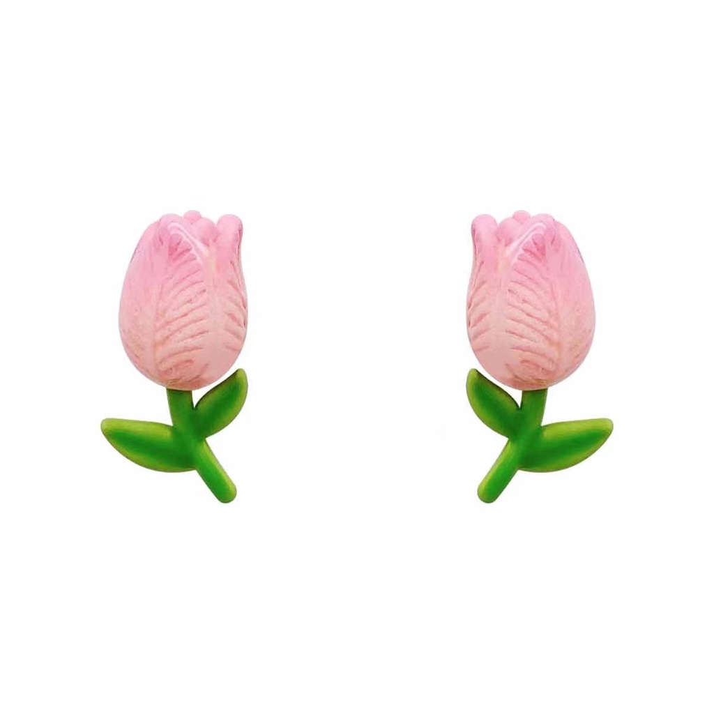 Anting Stud Desain Bunga Tulip Warna Pink Untuk Wanita