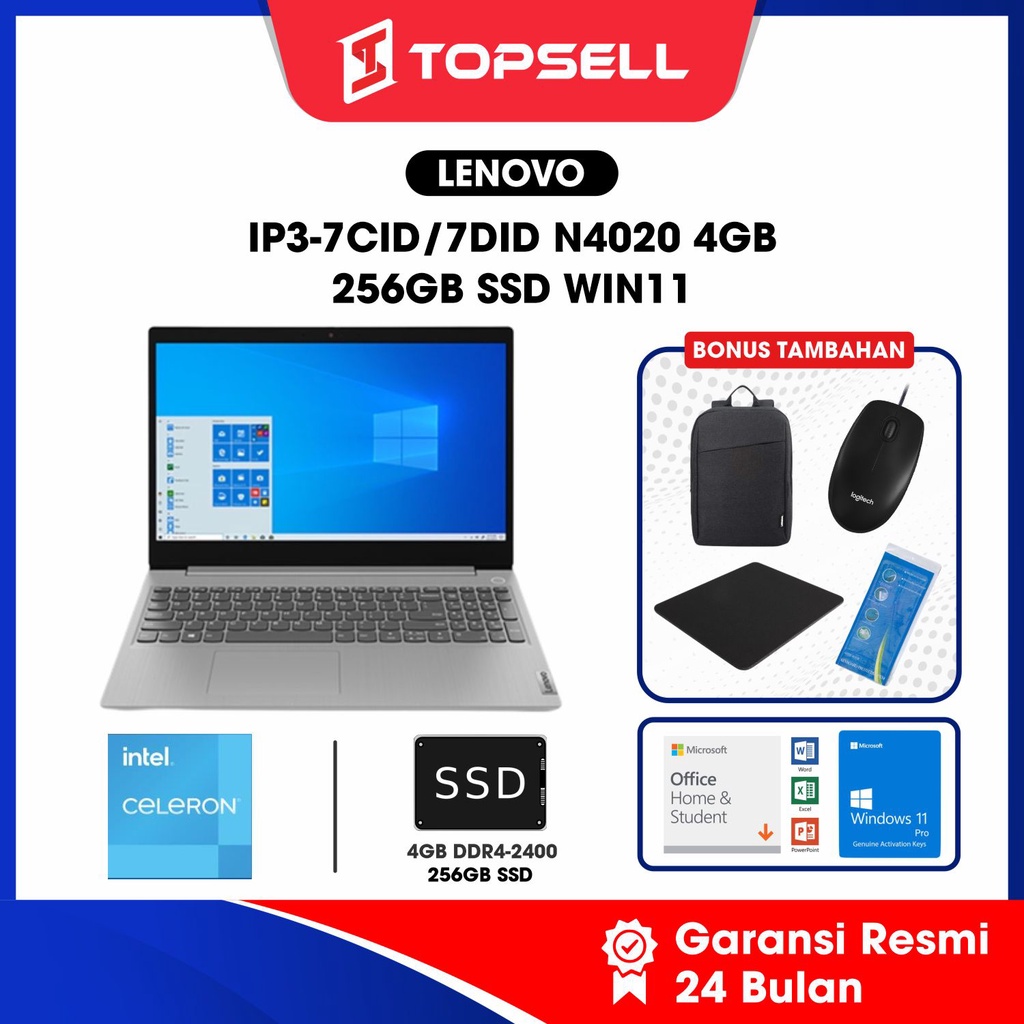 LENOVO IP3-7CID/7DID N4020 4GB 256GB SSD WINDOWS  11 ORIGINAL GARANSI RESMI 2 Tahun