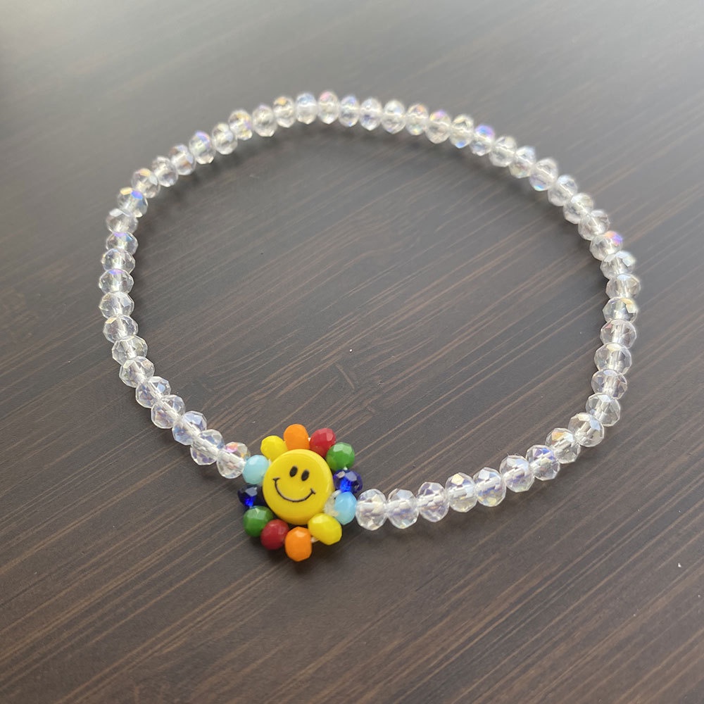 Gelang Tangan Elastis Motif Bunga Matahari / Smiley Hias Kristal / Mutiara Warna-Warni Untuk Wanita