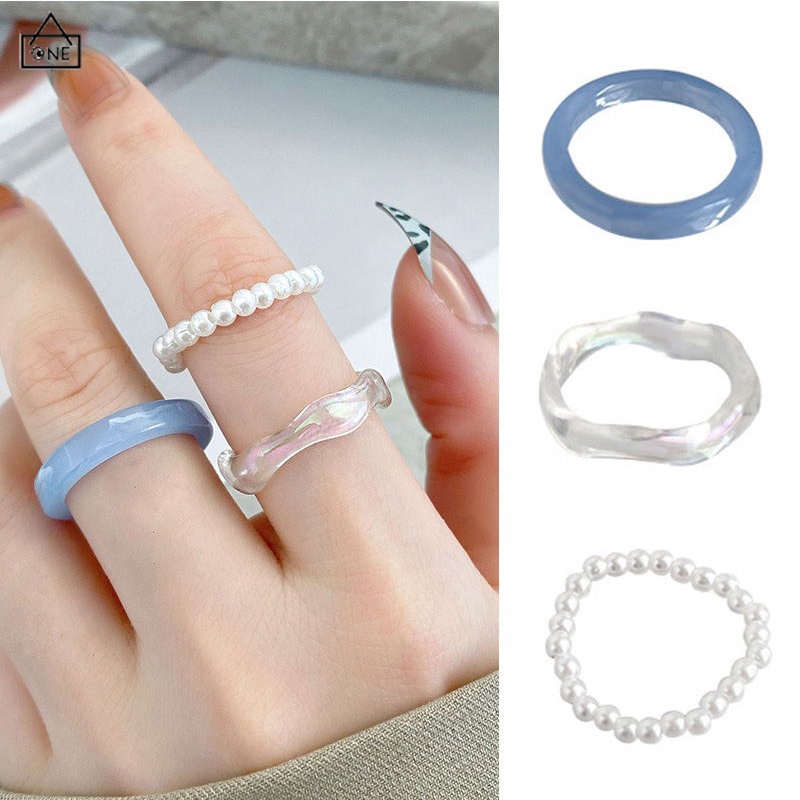 COD Cincin Resin Sederhana Fashion Korea Mutiara Wanita Set Akrilik Premium 3 Buah-A.one