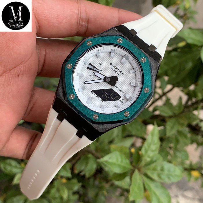 Jam G-shock GA 2100 MOD Putih List Green Rubber White Original