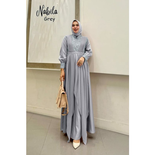 Nabila Maxy, GAMIW PESTA/GAMIS KONDANGAN SUPER CANTIK MEWAH MODIS MURAH FIT XXL LD 110 BAHAN SATIN VELVET MIX CERRUTY BABYDOLL OOTD