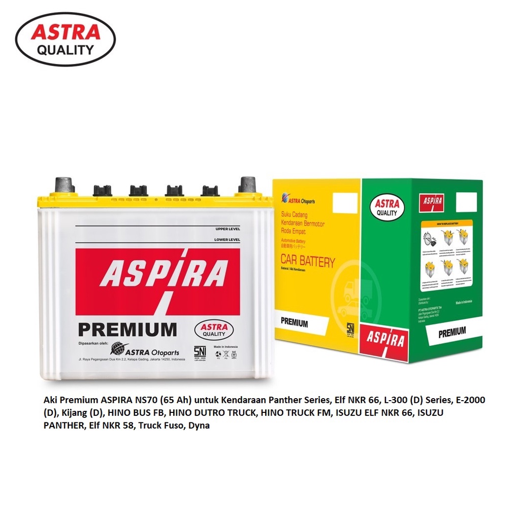 Aki Premium ASPIRA NS70 (65 Ah) untuk Kendaraan Panther Series, Elf NKR 66, L-300 (D) Series, E-2000