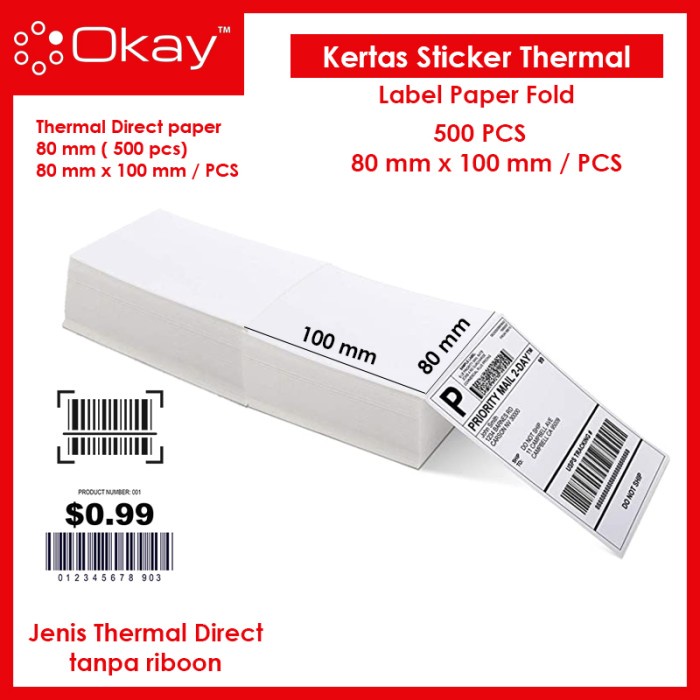 

Kertas Thermal Kertas Label Sticker Per Lembar Isi 500 Pcs Ukuran 80X100 Mm