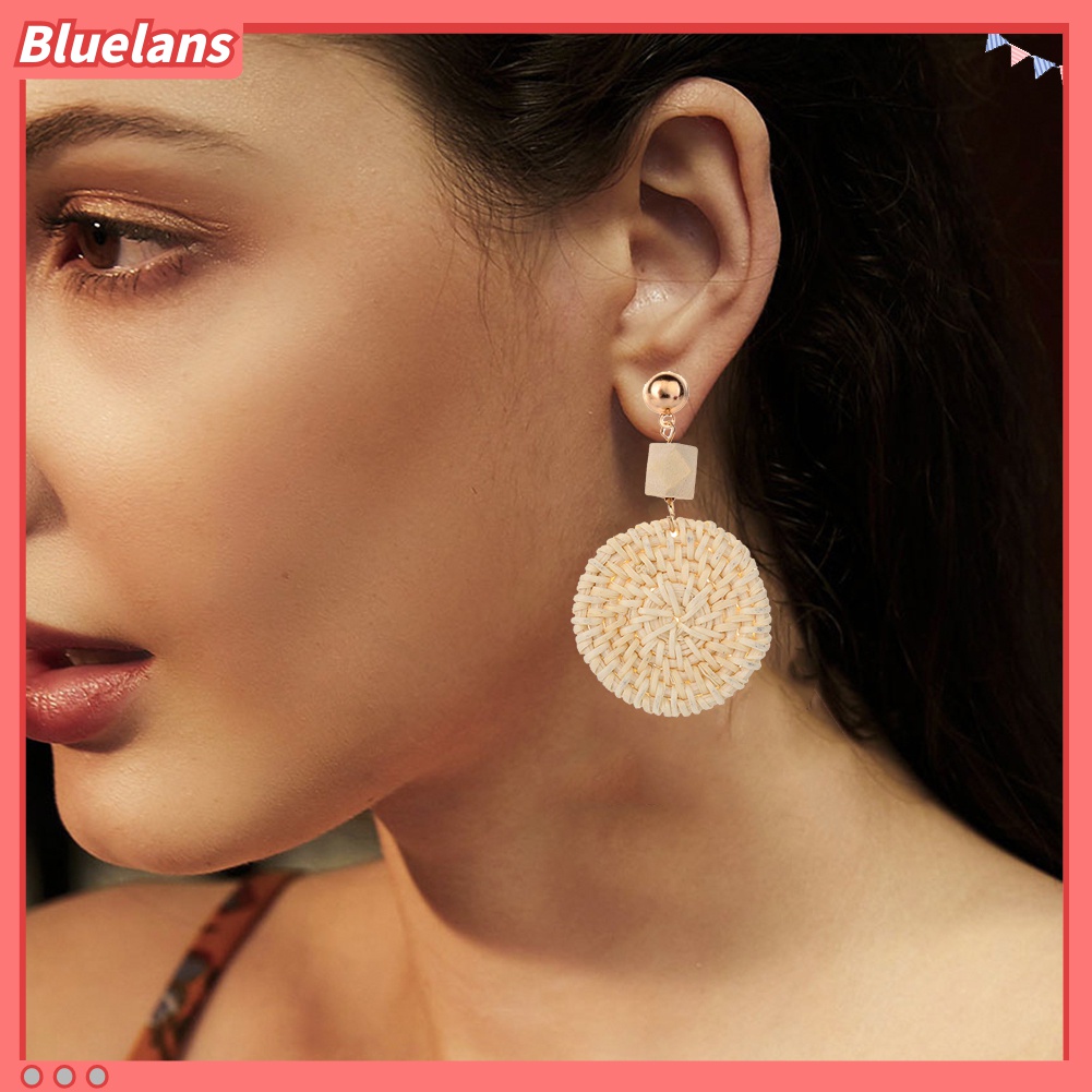 Anting Stud Bentuk Bulat Bahan Rotan Gaya Bohemian Untuk Wanita