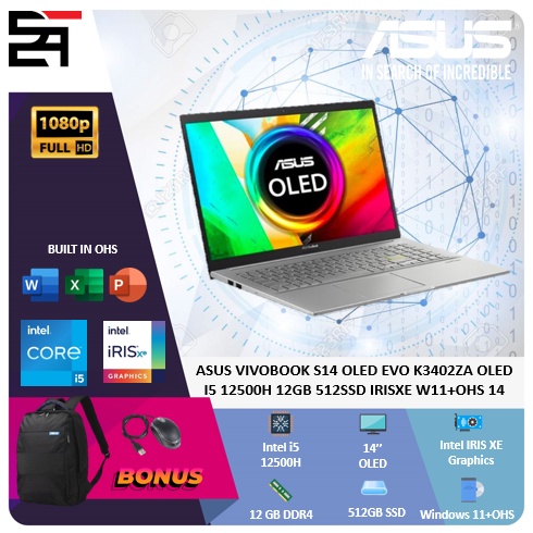 Asus Vivobook S14 OLED EVO K3402ZA i5 12700H 12GB 512GB SSD IRISXE W11+OHS 14 Inchi 2.8K 90Hz