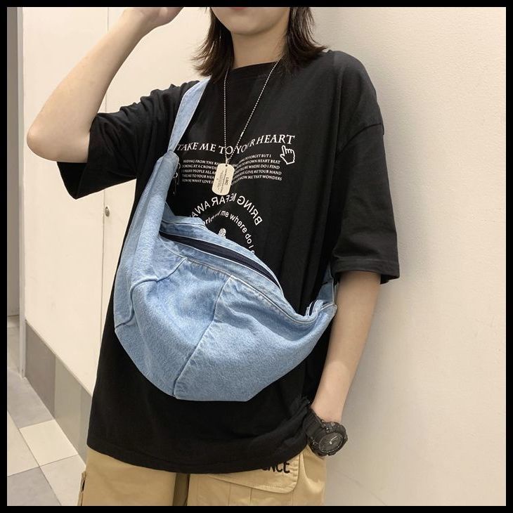 ✚✖✤Tas Kanvas Versi Korea dari Siswa Wanita Tas Bahu All-Match Jepang Denim Tas Dada Kecil Tas Bahu Tas Kain Tas Messenger