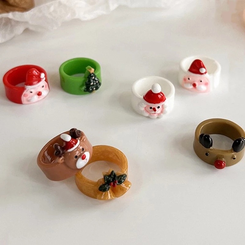 Cincin Jari Desain Kartun Santa Claus Rusa Bell Natal Warna-Warni Bahan Resin Gaya Vintage Untuk Pesta