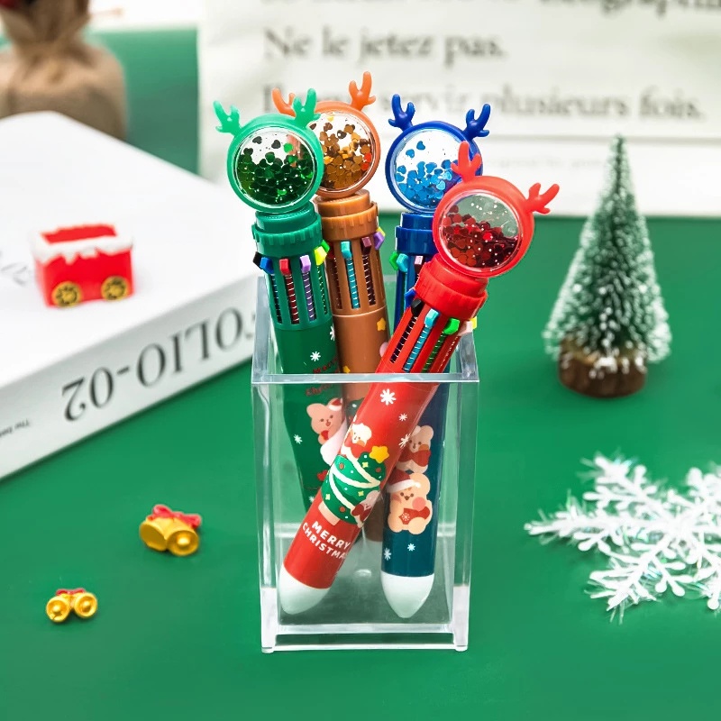 Pulpen 7 Warna Motif Kartun Santa Claus / Rusa / Rusa Aksen Payet Multifungsi Untuk Perlengkapan Kantor