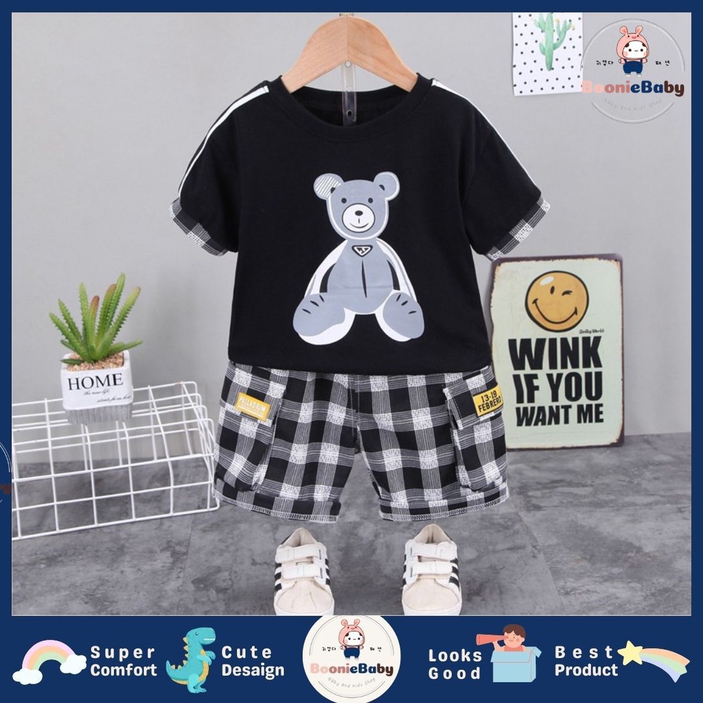 boonie SET RETRO BEAR EBV Setelan Kaos Anak Bayi Laki-laki Pendek 6bulan - 4tahun