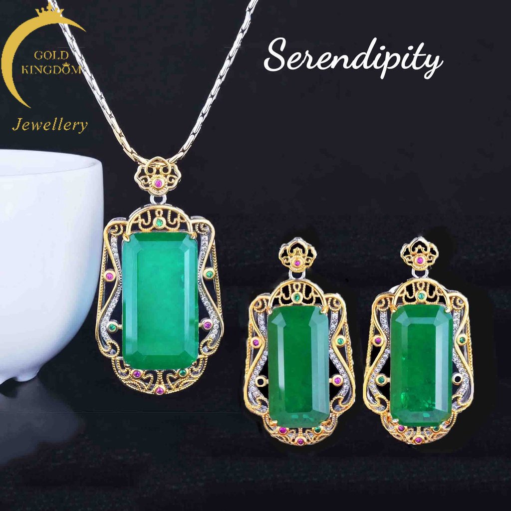 Goldkingdom Perhiasan Fashion Emas Asli Kadar 375 Bangkok Aksesoris Ready Stock Emerald Set Itali Dua Warna Gilt Nothing Pendant Earrings