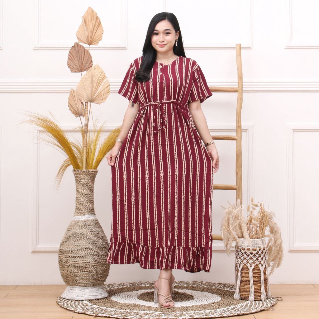 Salur Dress Wanita Rayon Premium Daster Kekinian Lengan Pendek Motif Stripe Ruffle LD 110 cm