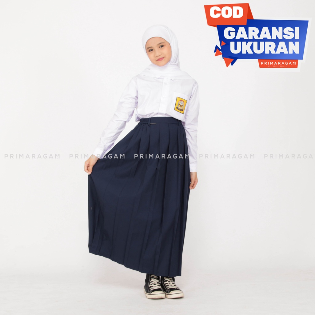 Rok seragam sekolah smp panjang biru rempel lipit atas