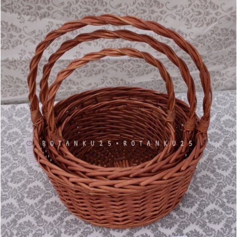 keranjang rotan bulat set isi 3 / keranjang rotan