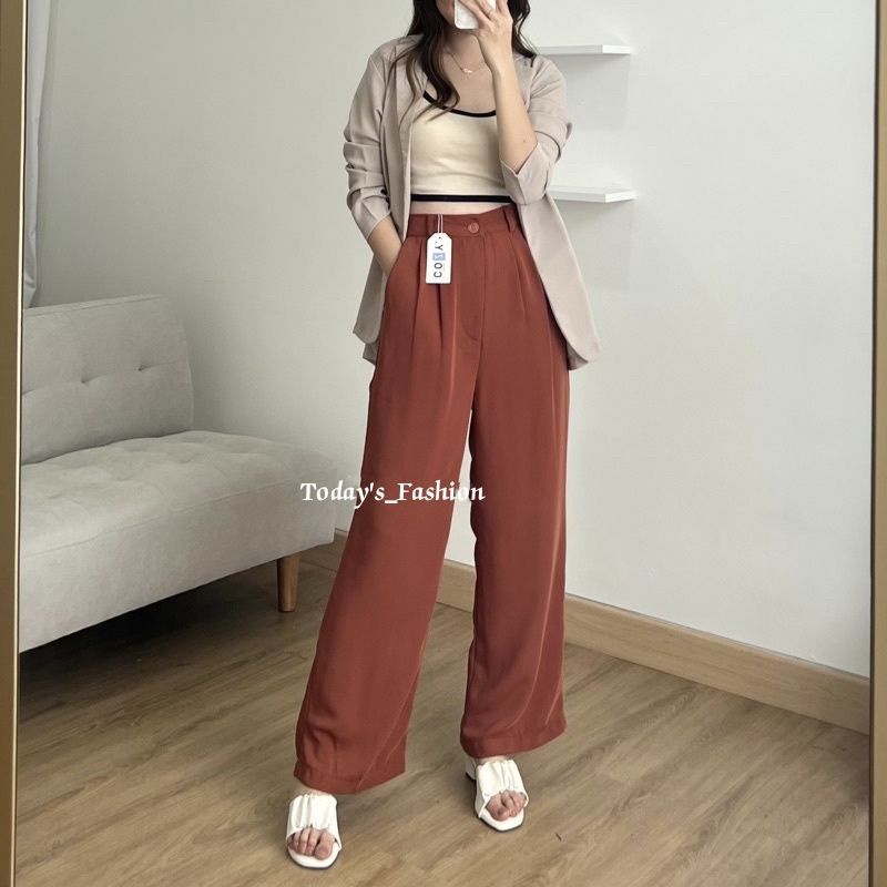 CELANA KULOT CRINKLE HIGWAIST WANITA LOOSE CULLOTE PANTS-Loose merah bata