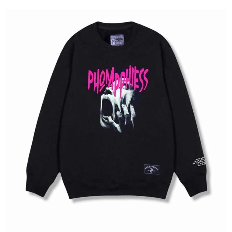 PHOMPPHIESS Sweater Crewneck Hitam Sablon Metal Crewneck Metal Pria Wanita