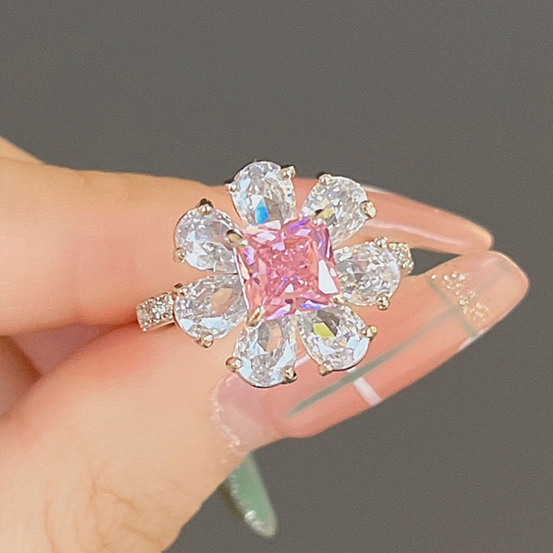 Fancyqube Cincin Silver Hias Berlian Zirkon Bentuk Kotak Warna Pink Untuk Wanita