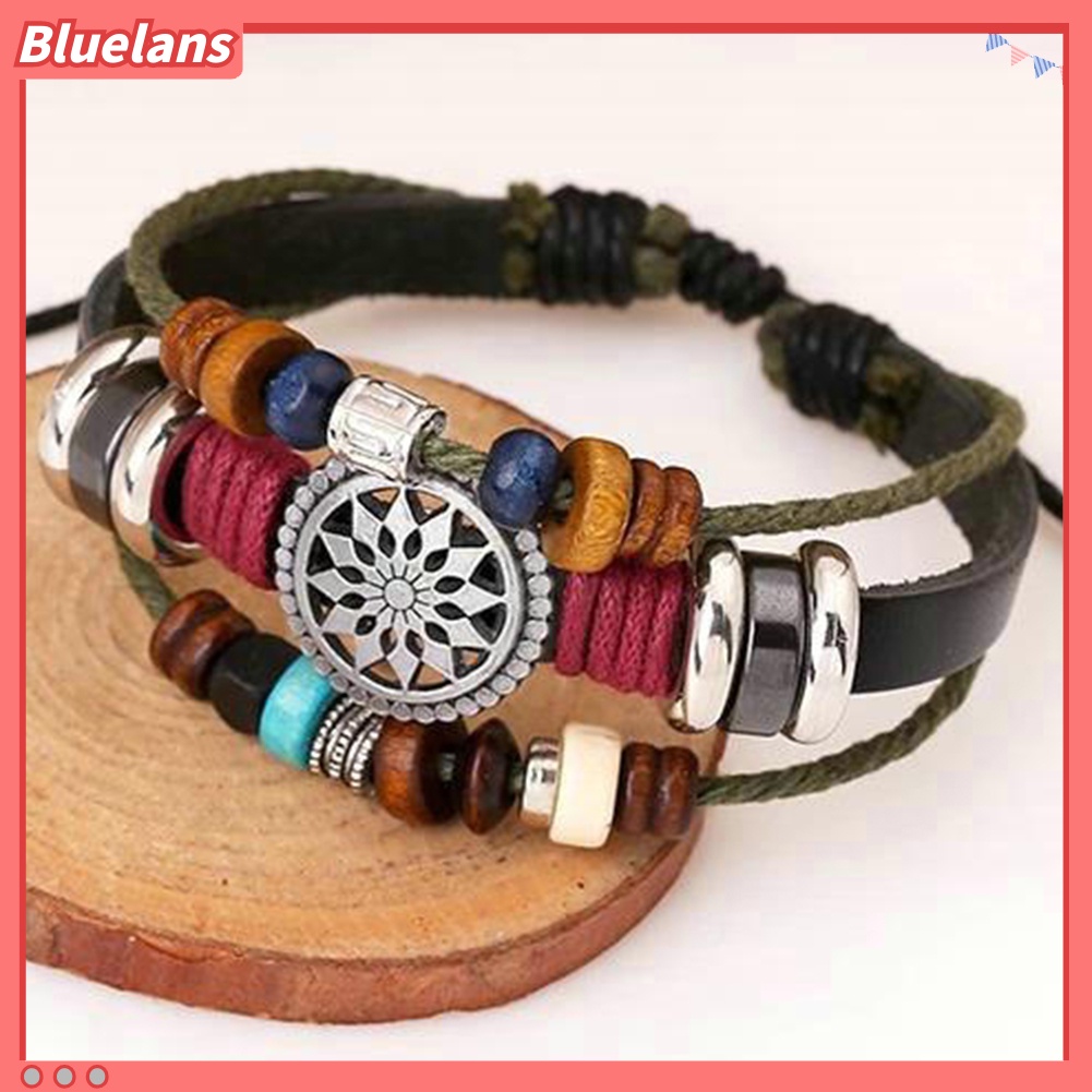 Bluelans Boho Women Multi Layer Beaded Woven Leather Rope Bracelet Adjustable Jewelry