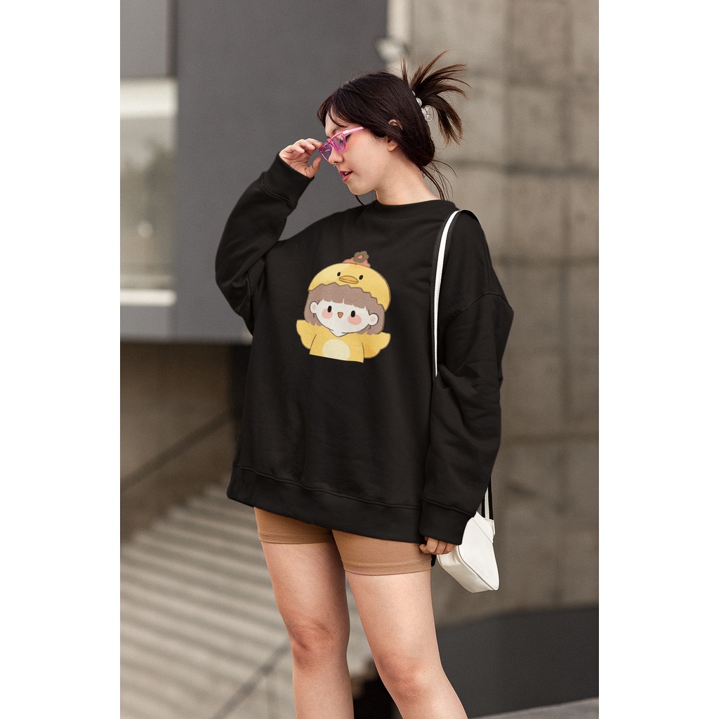 Jaket sweater crewneck wanita simple hitam all size M-XXL cowok cewek ori oversize bahan adem flecee