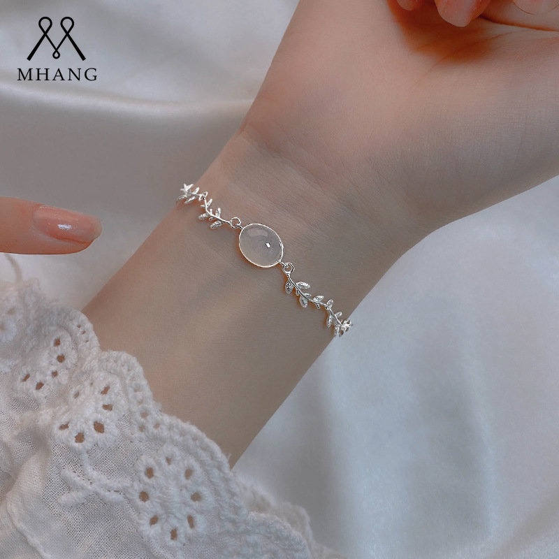 Mhang Gelang Tangan Rantai Sterling Silver 925 Aksen Daun Mata Kucing Elegan Untuk Wanita