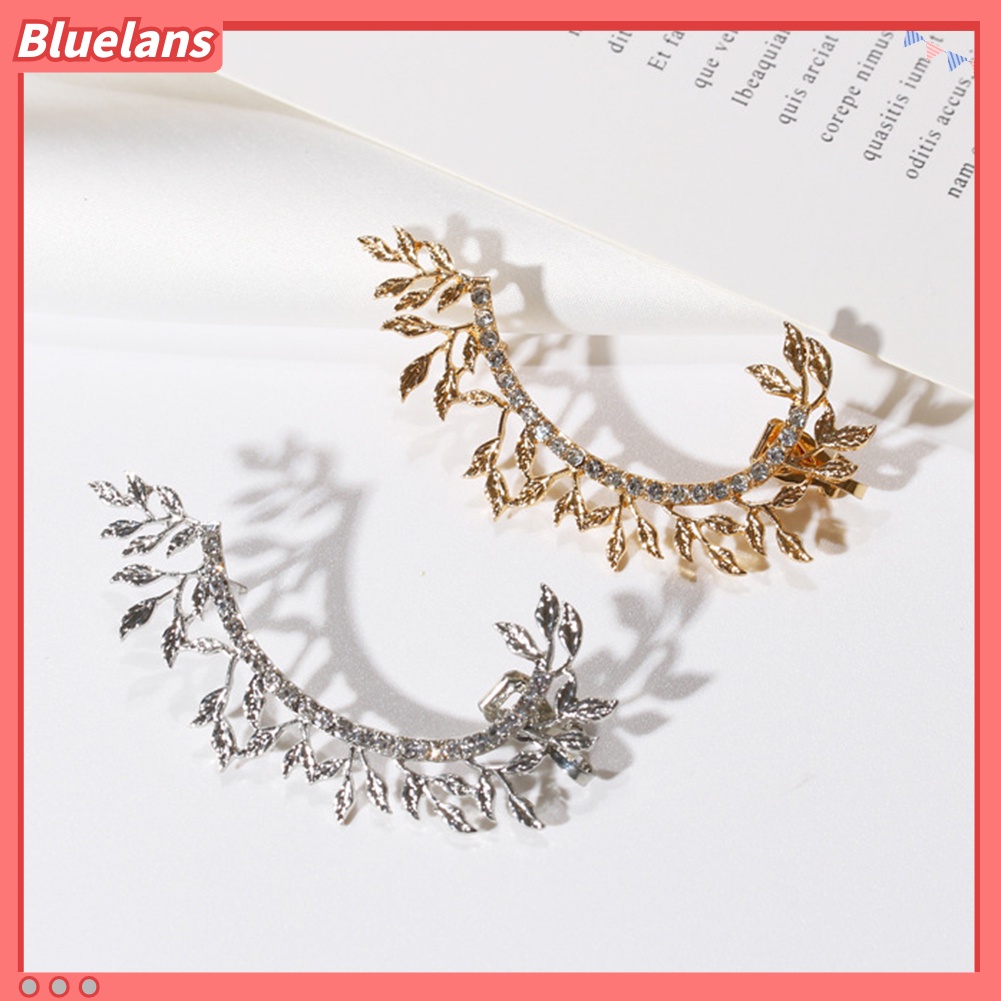 Bluelans 1Pc Vintage Leaf Curved Full Rhinestone Ear Cuff Women Clip On Earrings Jewelry