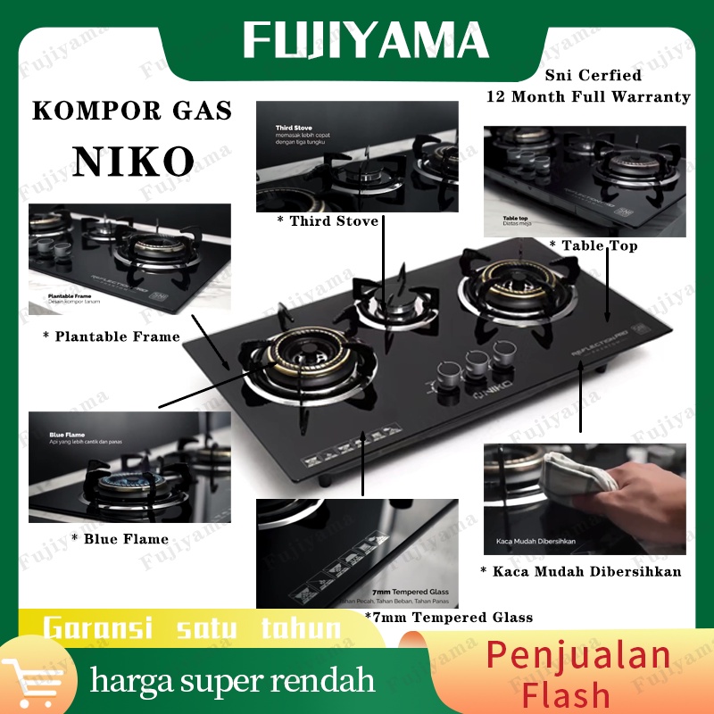 *NIKO*kompor gas 3 tungku-7mm tempered glass；tahan pecah；tahan beban tahan pan；kaca mudah dibersihkans；blue flame；plantable frame；12 montonth full warranty sni cerfied