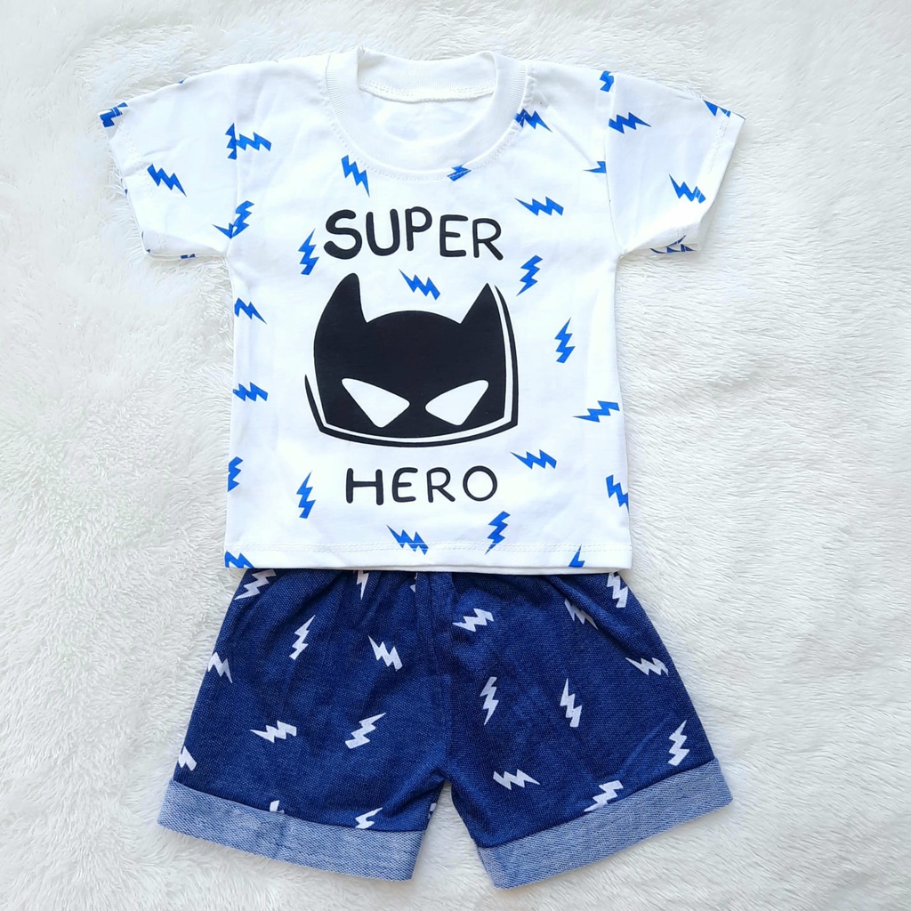 baju bayi diana - setelan pakaian casual anak laki laki denim / semin jeans motif super hero