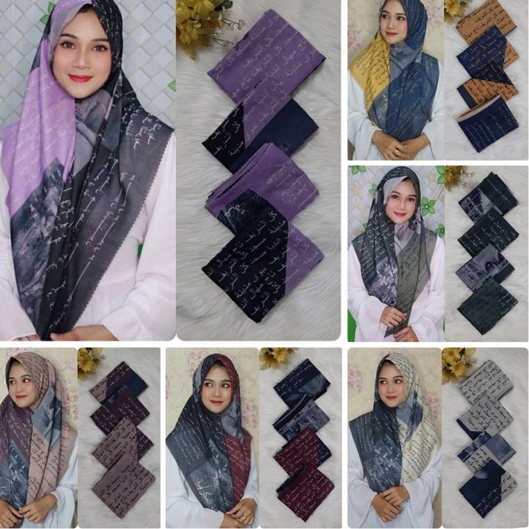 Hijab Segi Empat Voal Premium Motif Arabic font - Kerudung Segiempat printing koran arab • IDN.22Oc2