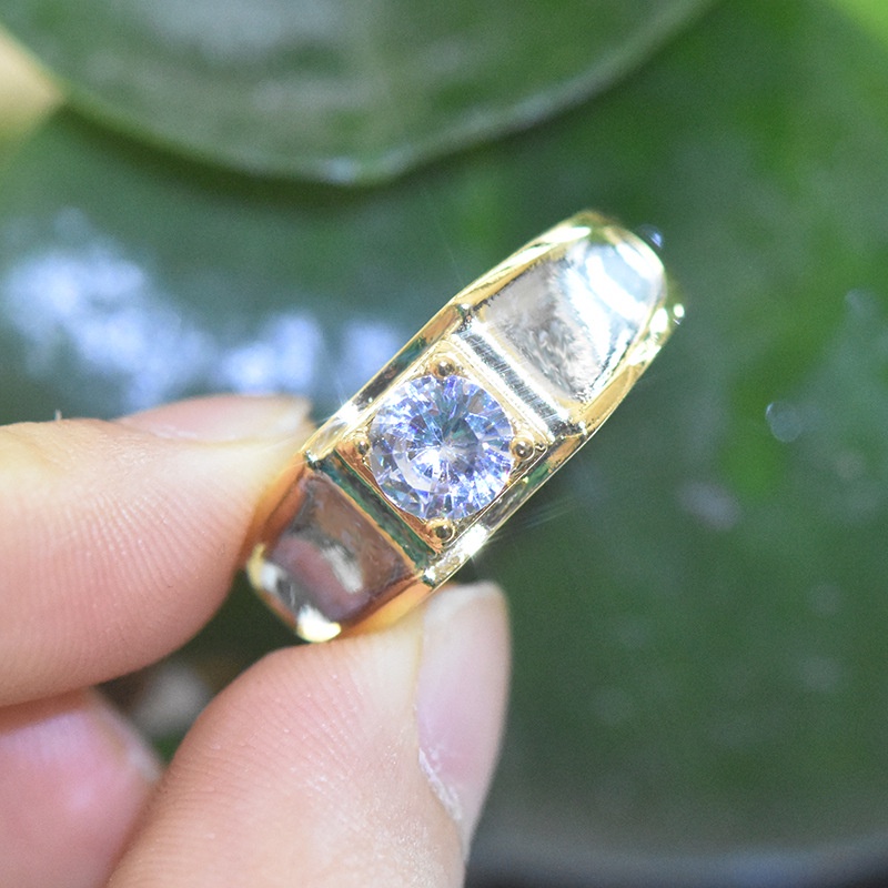 Goldkingdom Perhiasan Fashion Emas Asli Kadar 375 Bangkok Aksesoris Ready Stock Berlapis Emas Mosson Berlian Two-tone Cincin Sederhana Zirkon Sejati Cincin Pertunangan Laki-Laki