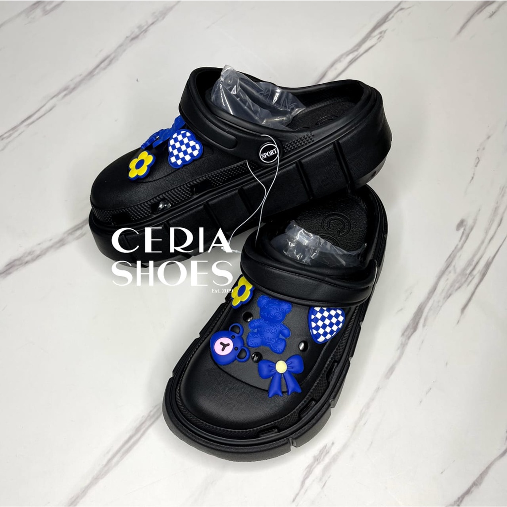 EVA Ringa Sandal Slop Wanita Korean Import Spons Rubber Tebal Tinggi Karet Super Empuk Anti Slip Wedges Slides include Jibbitz BLUES BEAR Summer Sandals