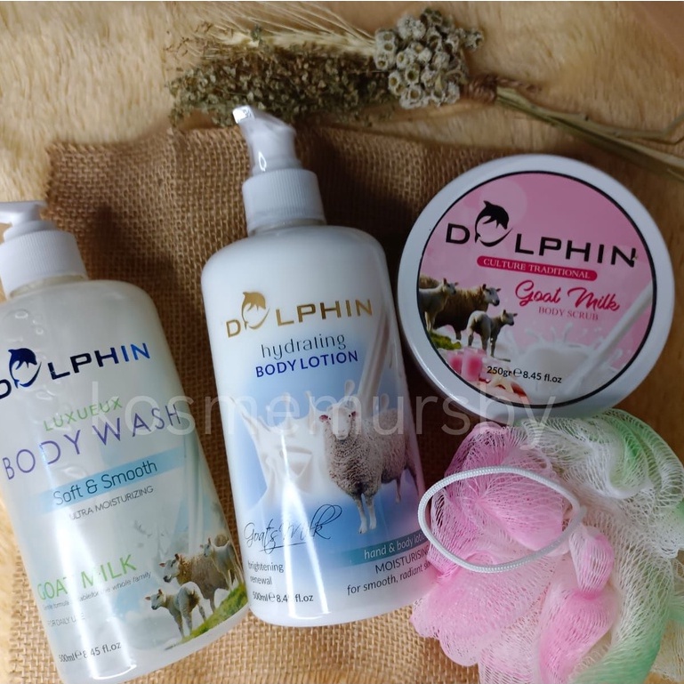 1 Set Sabun DOLPHIN Goatmilk 500ml + Body Lotion + Scrub + Spons Mandi Jaring ORIGINAL