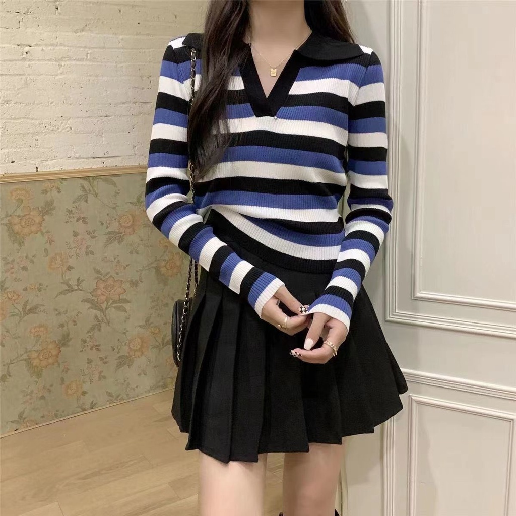 YIU YIU Rajut - Atasan Knit Wanita Lengan Panjang Korean Style V-neck Inner Stripe Top