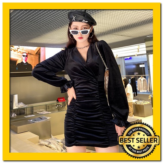 1682 Dress Sexy/Dress Korea/Baju Pesta Sexy/Gaun Pesta Sexy/Baju Sexy V-Neck Bodycon Velvet Mini Dre