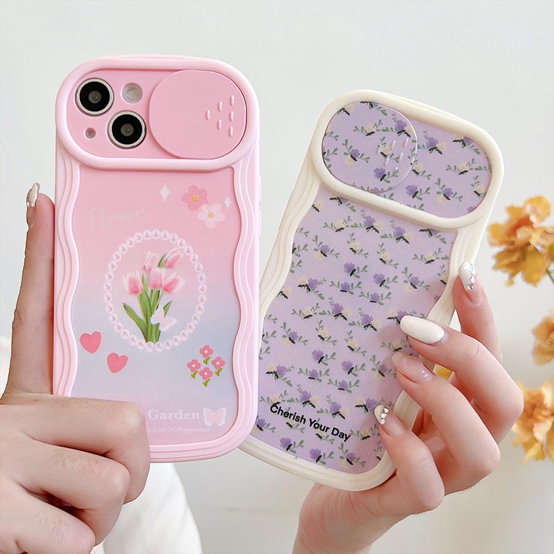 Soft Case yang Dapat Ditekan untuk IPhone 11 12 13 14 Pro Max 14 Plus Casing Penutup Ponsel Cukup Ungu Tulip Bunga Wanita Hadiah Gadis cassing hp