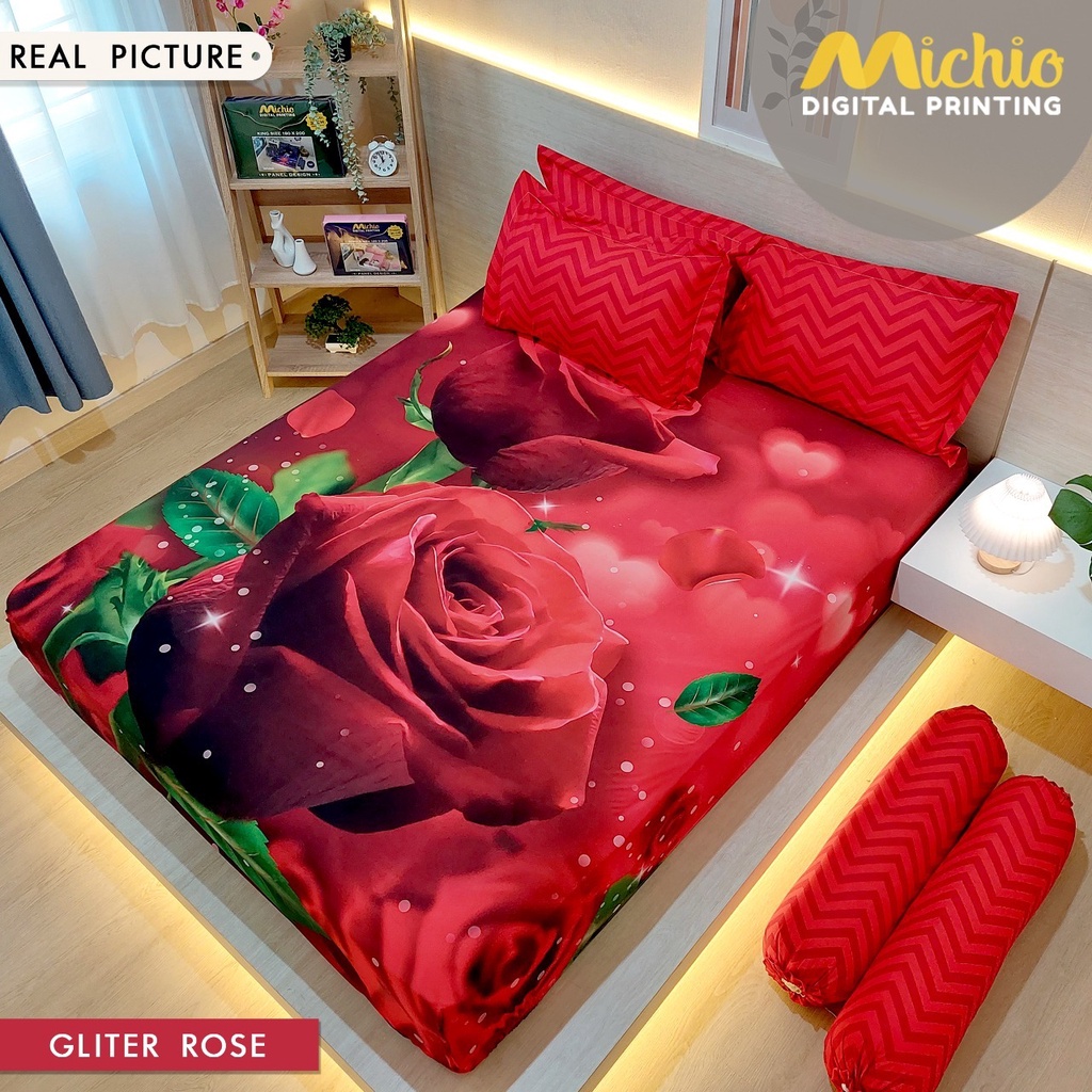 SPREI PANEL TINGGI 30 MICHIO GLITTER ROSE KING 180X200X30 DAN QUEEN 160X200X30