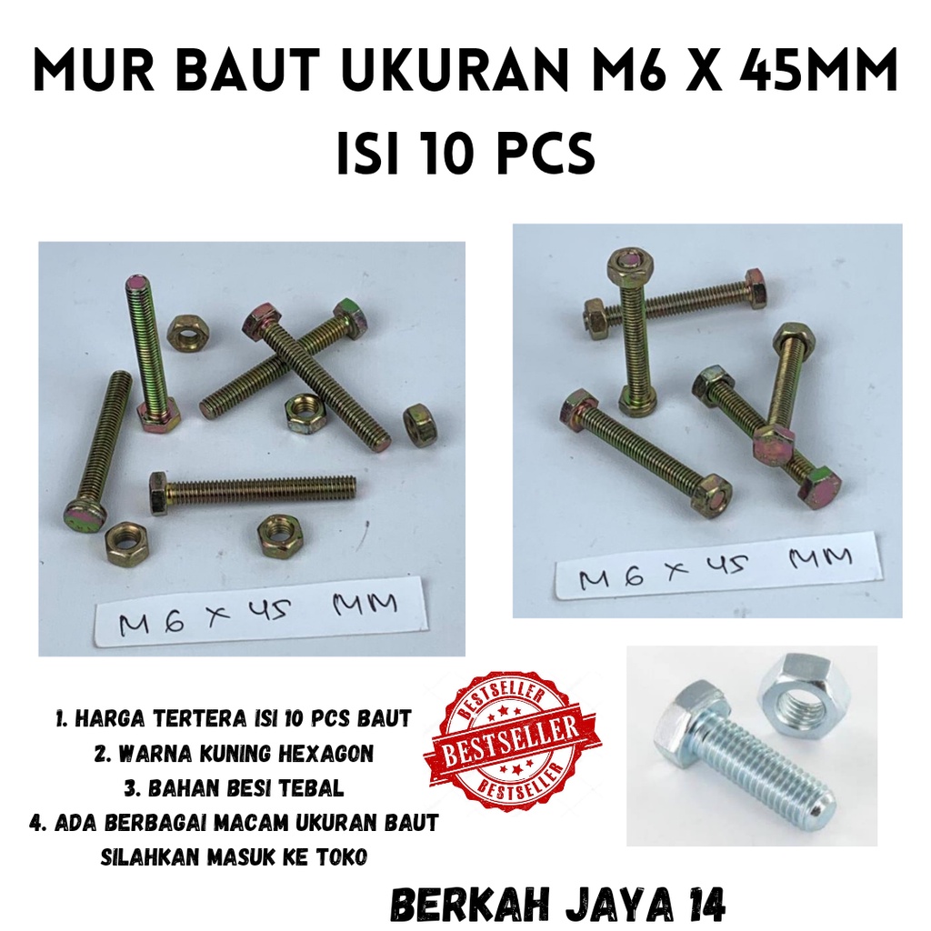 BAUT M6X45 MM ISI 10 PCS WARNA KUNING HEXAGON HEX BMK MUR BAHAN BESI TEBAL HARGA MURAH BERKUALITAS PROMO DISKON TERLARIS