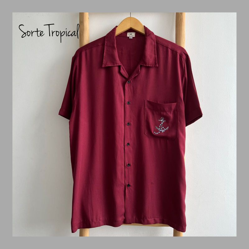 Kemeja Hawaiian Shirt Pantai Pria Wanita Plain Polos Maroon - Bordir Anchor Exclusive Edition