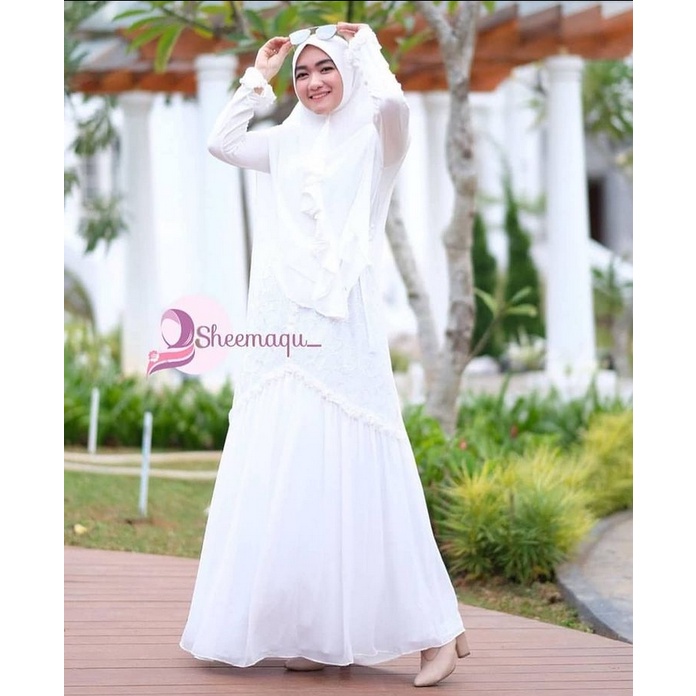 Sheemaqu Dress Gamis Syari Baju Muslim Wanita Hitam Putih umroh haji