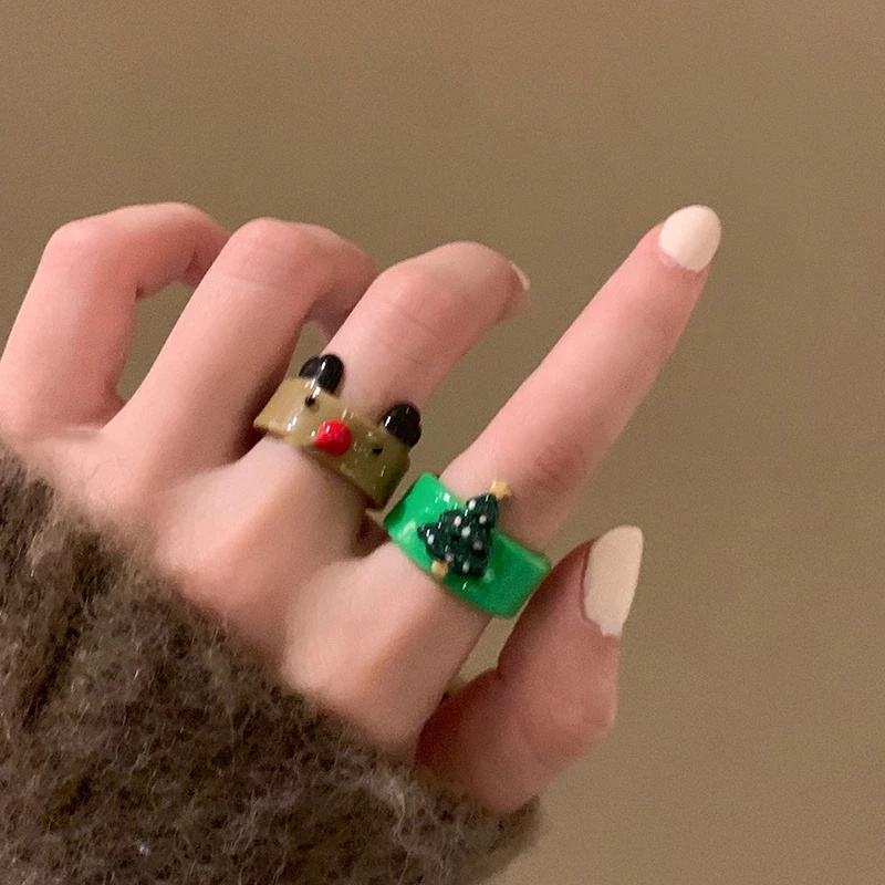 Cincin Desain Kartun Hewan Rusa Santa Claus Pohon Natal Bahan Resin Akrilik Untuk Wanita