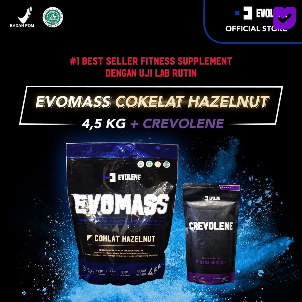 

Evolene Evomass Coklat Hazelnut 4500gr/20x serving + Crevolene 30x serving + Shaker - susu fitness